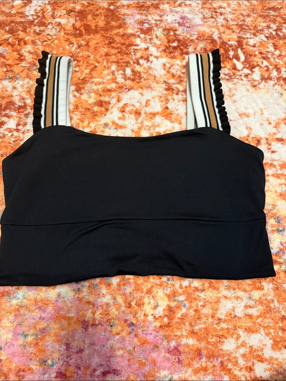 FP Movement by Free People Black Crop Tank with Striped Ruffle Straps